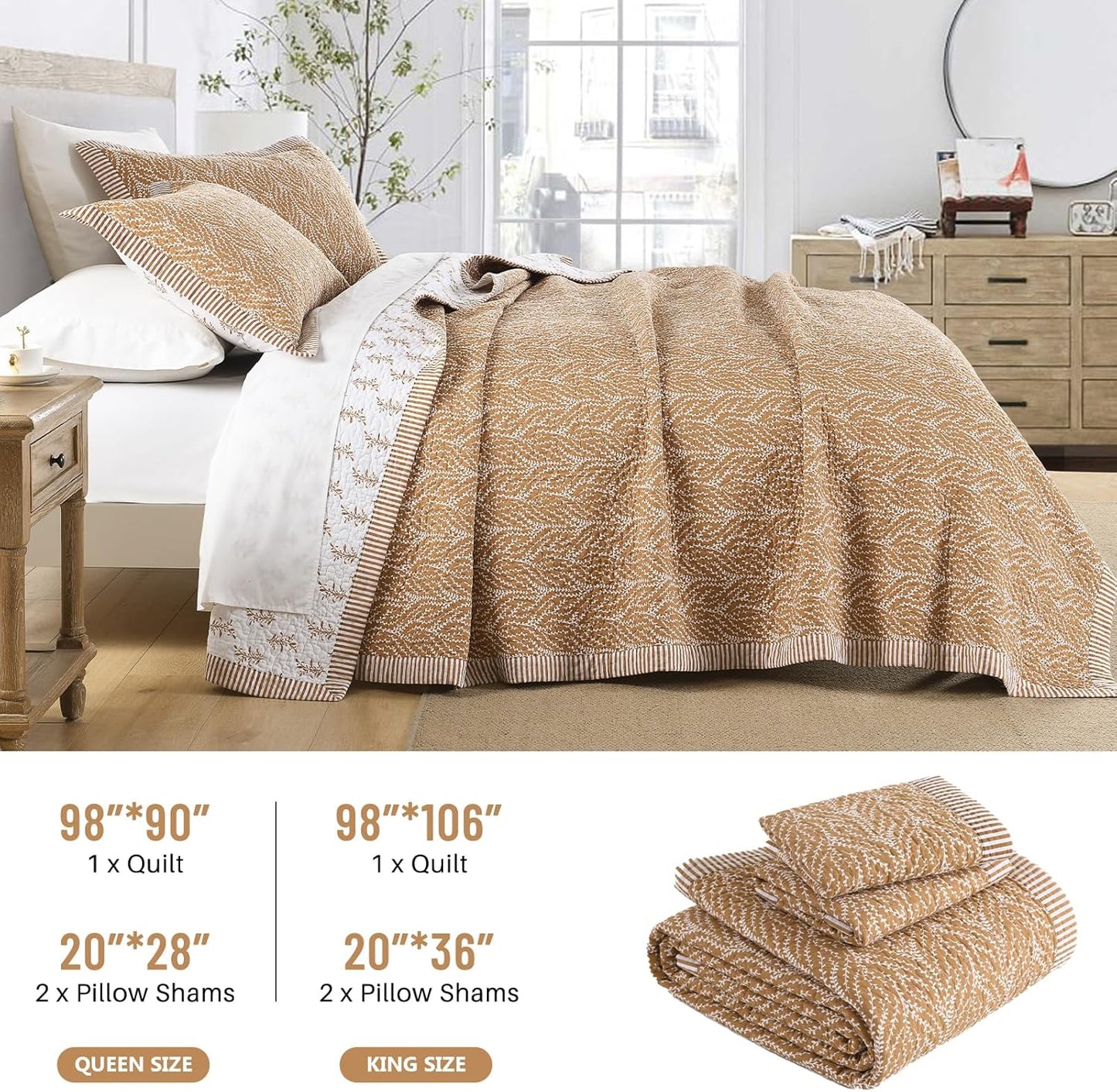 Quilt Set Queen Size - 100% Cotton Orange Flowers Reversible Bedspread Bedding Set, Lightweight 3-Piece Bed Quilts Botanical Pattern Comforter Cover with 2 Pillow Shams, All Season,90x98