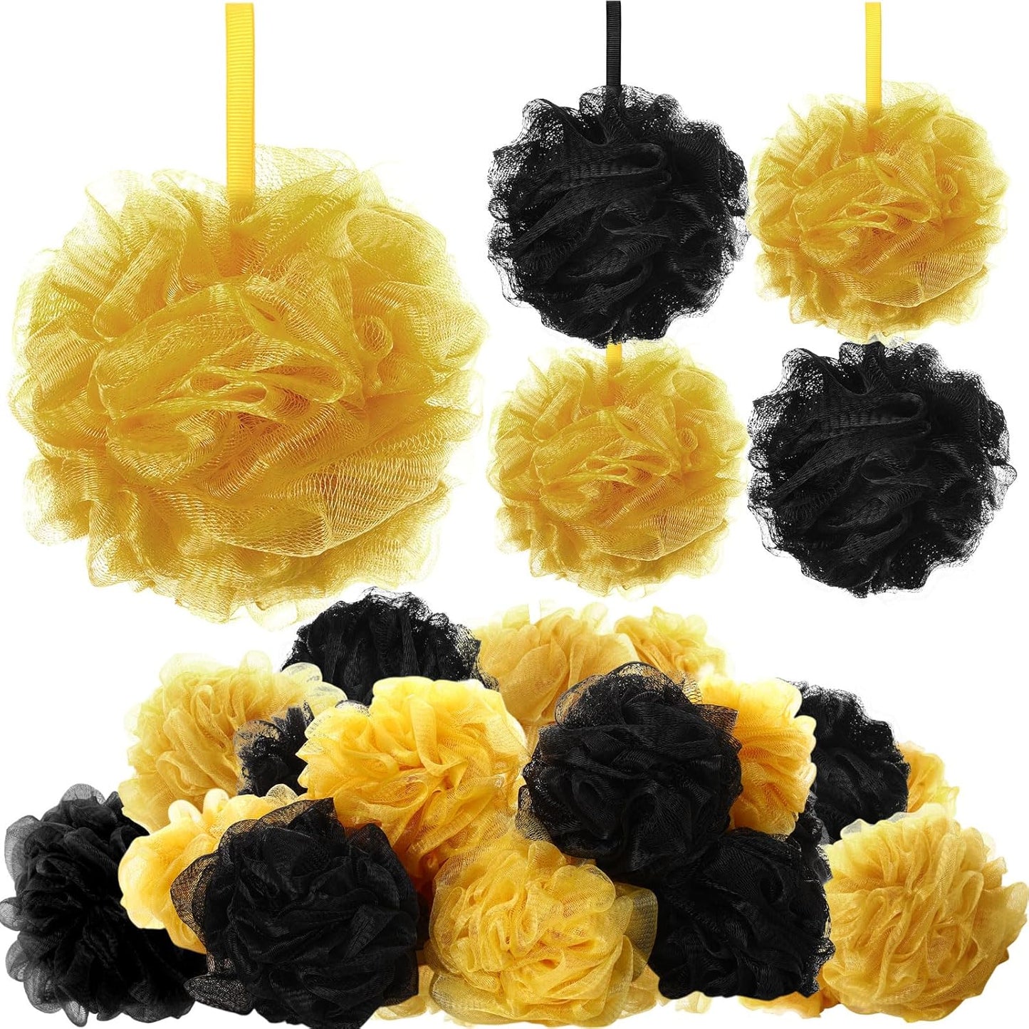 12 Pcs Halloween Bath Loofah Sponge Orange Black Loofah Exfoliating Body Scrubber Shower Sponge 50g Mesh Shower Pouf Balls Gift Set for Women Men Wedding Bathing Accessories(Gold and Black)