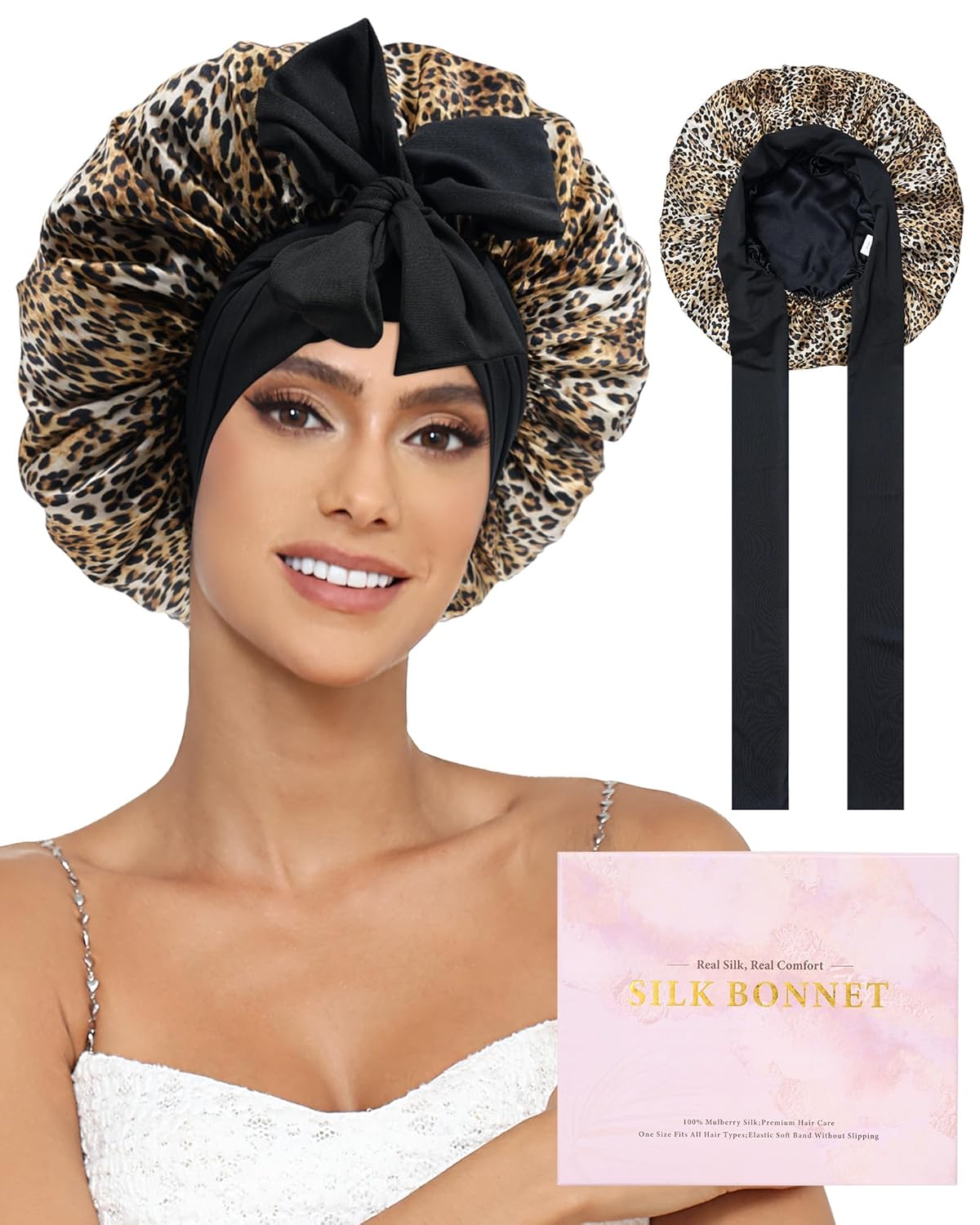 100% Mulberry Silk Bonnet for Sleeping Women Double Layer Silk Hair Bonnet Natural Sleep Cap with Elastic（Black + Leopard）