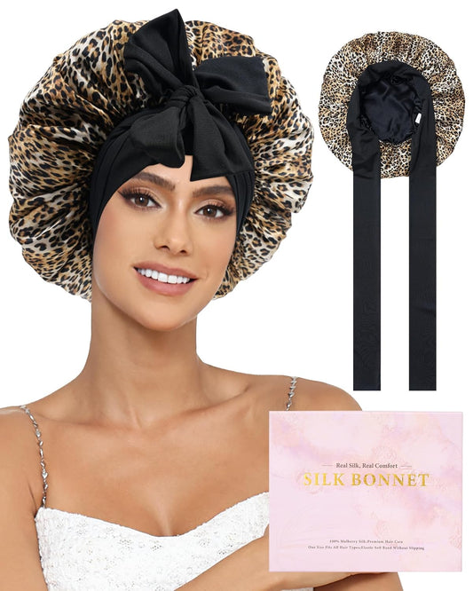 100% Mulberry Silk Bonnet for Sleeping Women Double Layer Silk Hair Bonnet Natural Sleep Cap with Elastic（Black + Leopard）
