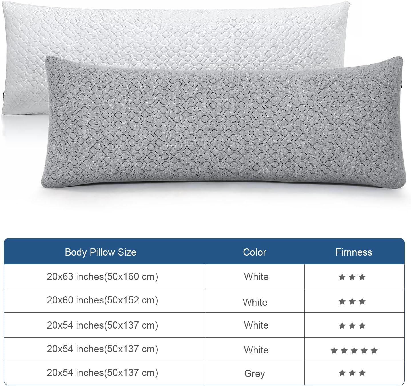 Thick Memory Foam Body Pillow - Full Body Pillows for Side Sleeper - with Grey Cooling Pillowcase 20 x 54 inches (Grey Color)
