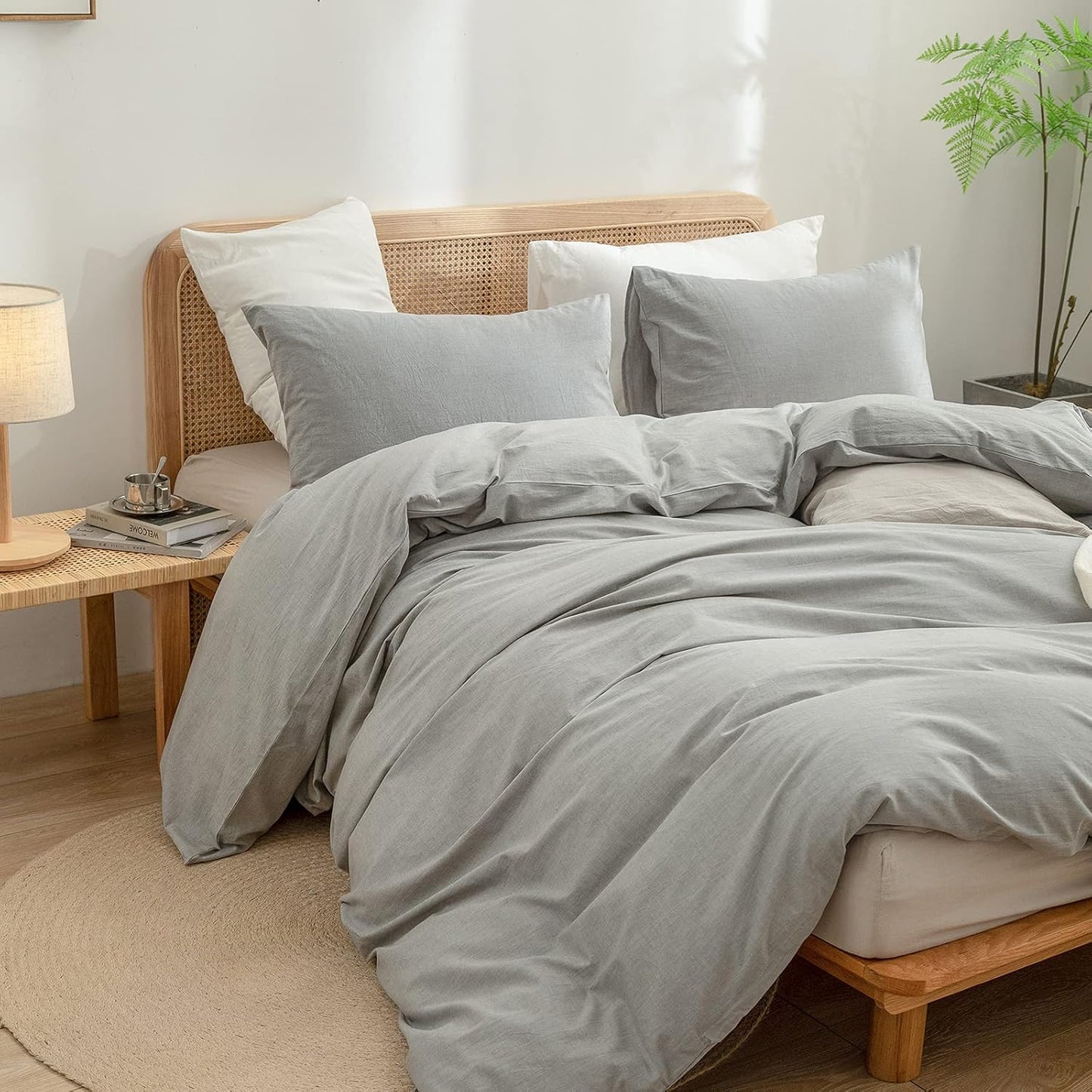 BESTOUCH Duvet Cover Set 100% Washed Cotton Linen Feel Super Soft Comfortable Chic Lightweight 3 PCs Home Bedding Set Solid Light Grey Oversized Queen