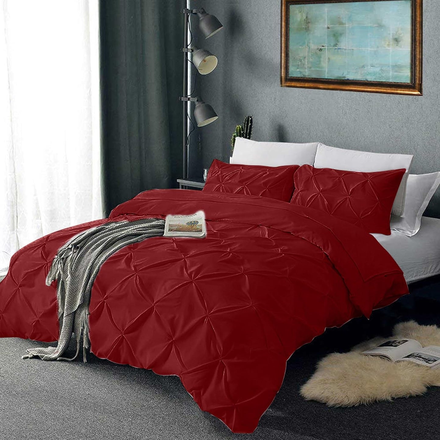 Pinch Pleated Duvet Cover Set 100% Brushed Microfiber 3PC Calking Size 98x104 Duvet Cover Set, Decorative Pinch Design Burgundy Duvet Cover with Matching Pillow Case