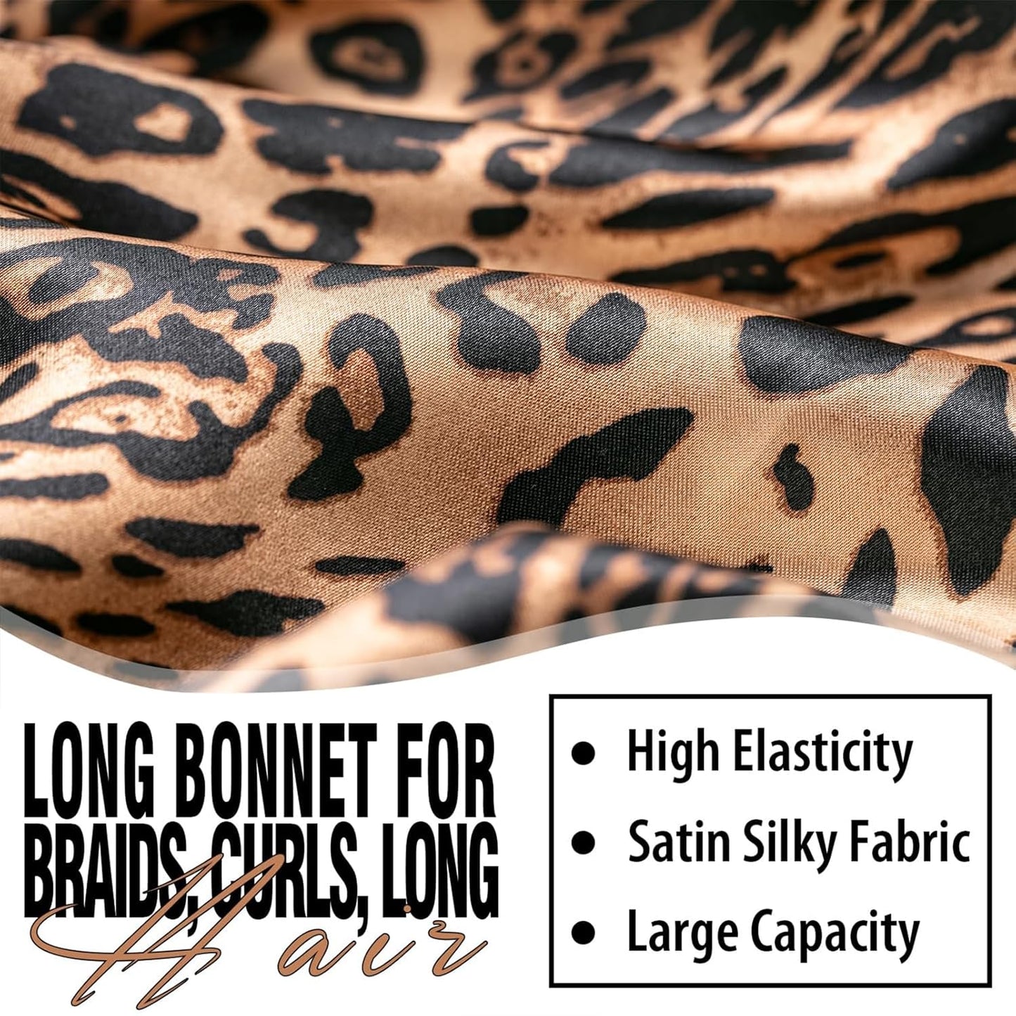 2Pcs Bonnets for Black Women Braid Bonnet, Large Long Satin Bonnet for Braids, Silk Bonnet with Stretchy Tie Band Sleep Cap Hair (2Pcs-Black&Leopard)
