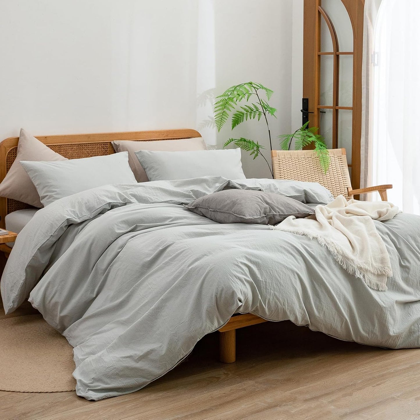 BESTOUCH Duvet Cover Set 100% Washed Cotton Linen Feel Super Soft Comfortable Chic Lightweight 2 PCs Home Bedding Set Solid Northern Droplet Grey Twin/Twin XL