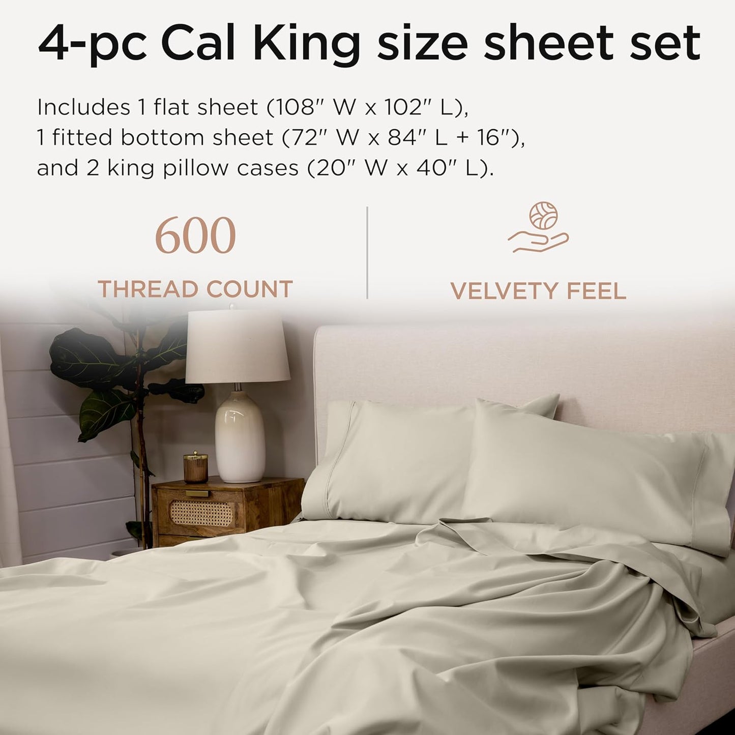Threadmill California King Sheet Sets | 600 Thread Count Cal King Bed Sheets Set with 16” Deep Pocket | Sateen Weave 4-Piece Bedding Set with Cooling Effect | Taupe