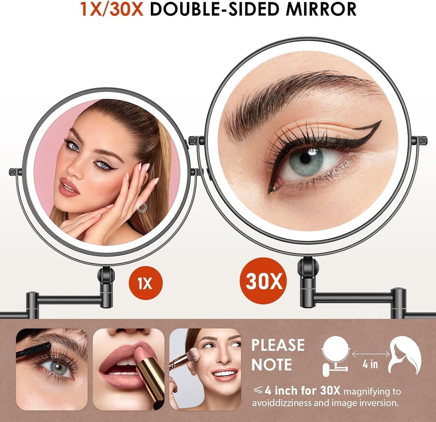 9" Wall Mounted Lighted Makeup Mirror,4000mAh Rechargeable Double Sided 1X/30X Magnifying Mirror with Light,Touch Dimmable,Extended Arm 360 Rotation Wall Mounted Makeup Mirror 3 Color Lights