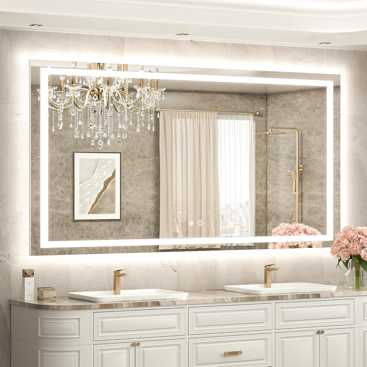 TETOTE 60 x 36 LED Lighted Bathroom Mirror with Lights Wall Mounted, Brighter Front and Backlit Light up Mirror, 3-Color Dimmable Lighted Anti Fog Mirror, Waterproof, Shatterproof Tempered Glass