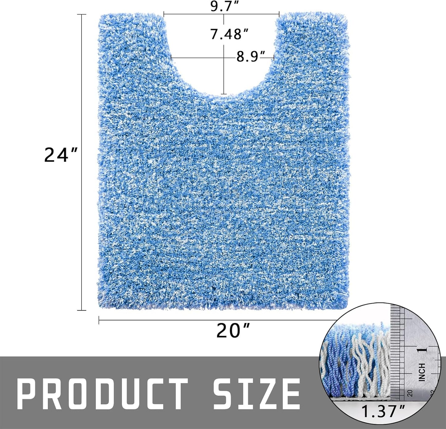Yimobra Toilet Rugs U Shaped Washable 24x20, Ultra Soft and Water Absorbent Bath Mats, Non Slip Fluffy Shaggy Luxury Microfiber Contour Bath Rugs for Toilet, Dry Quick, Blue and White