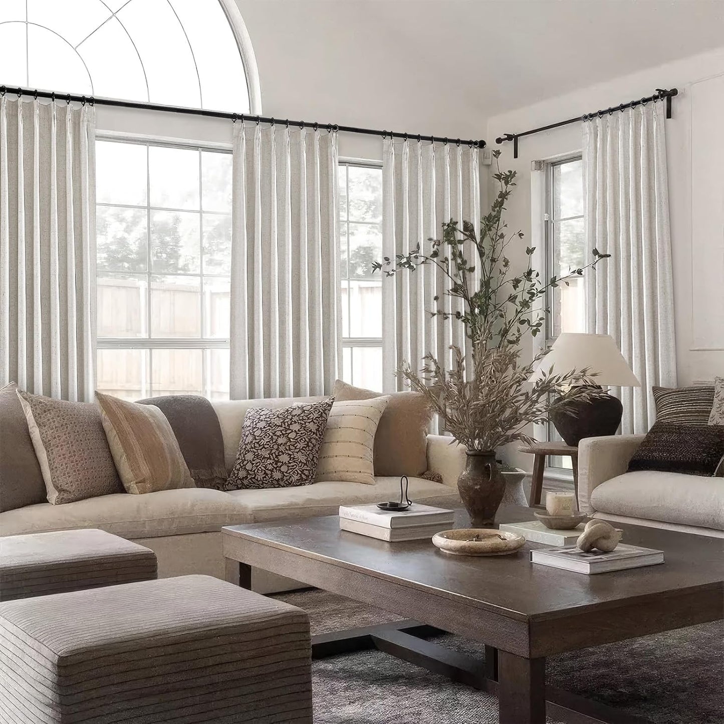 Topfinel 132 Inches Long Extra Long Pinch Pleat Faux Linen Curtains for Living Room,Neutral Beige 100 Percent Blackout Floor to Ceiling Farmhouse Sound Absorbing Drapes 2 Panels for Track System 101FT