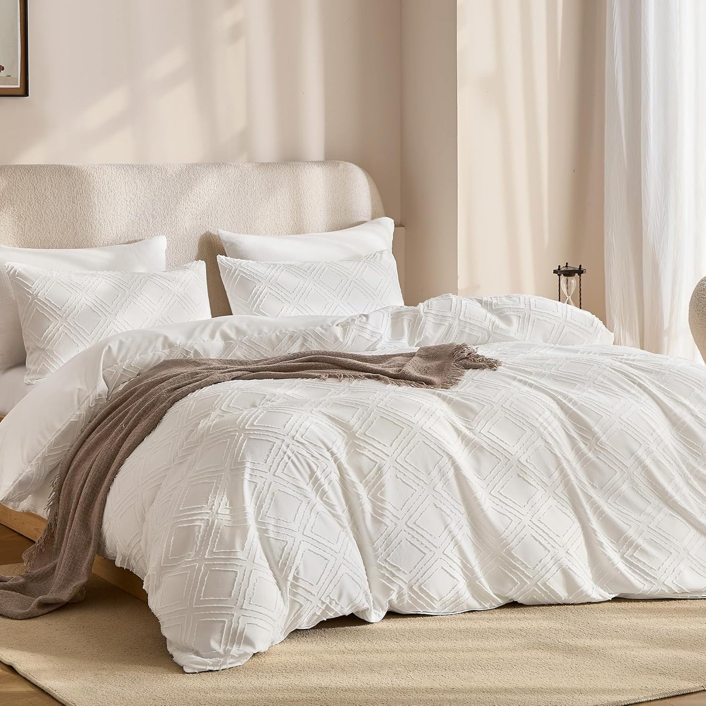 JELLYMONI Duvet Cover Full Size White - 3PCS Boho Duvet Cover Set Plaid Polyester Tufted Bohemian Jacquard Knit Textured Comforter Cover 80×90in Rhombic Geometric Pattern Corner Ties & Zipper