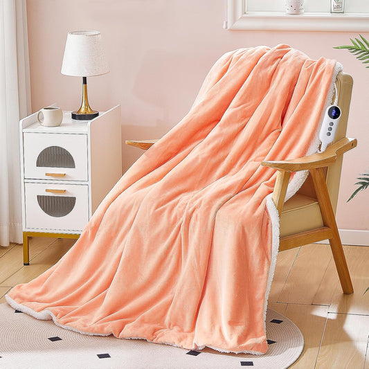 Electric Heated Blanket Throw 50"x60" - Soft Cozy Flannel & Sherpa Fabric Dual-Sided, 9 Heat Settings & 10H Auto Off, Warming Heated Throw for Home Office, Machine Washable, Light Coral Pink