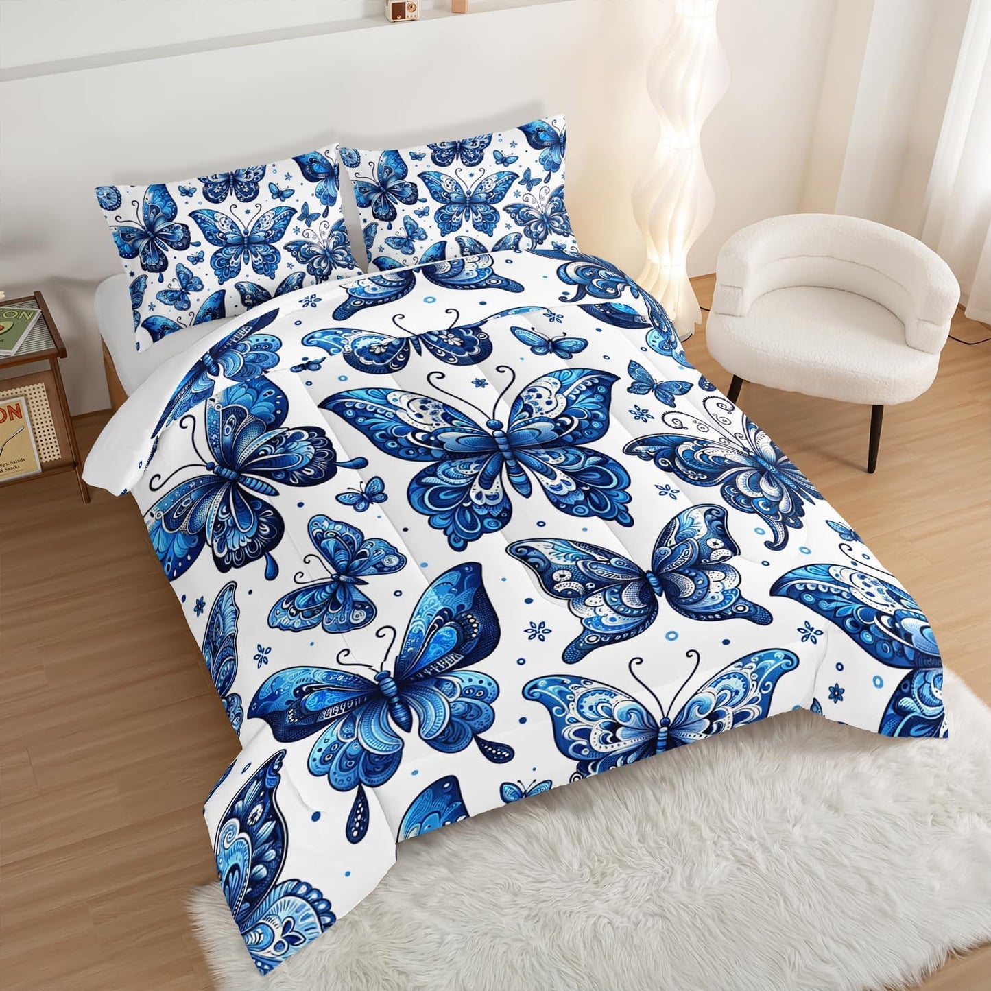 Blue Butterfly Comforter Bedding Set Queen Size,Bohemian Style Blue Series Bedding for Kids Girls Boys,Insect Themed Children's Bedding Soft Fluffy Comforter Sets with 2 Pillowcases.