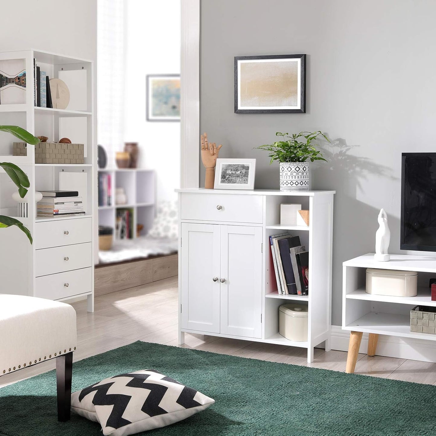 VASAGLE Floor Storage Cabinet with Drawer, Freestanding Cabinet with Doors, 3 Open Compartments, Adjustable Shelves, 11.8 x 29.5 x 31.5 Inches, for Bathroom, Living Room, Cloud White UBBC142W01