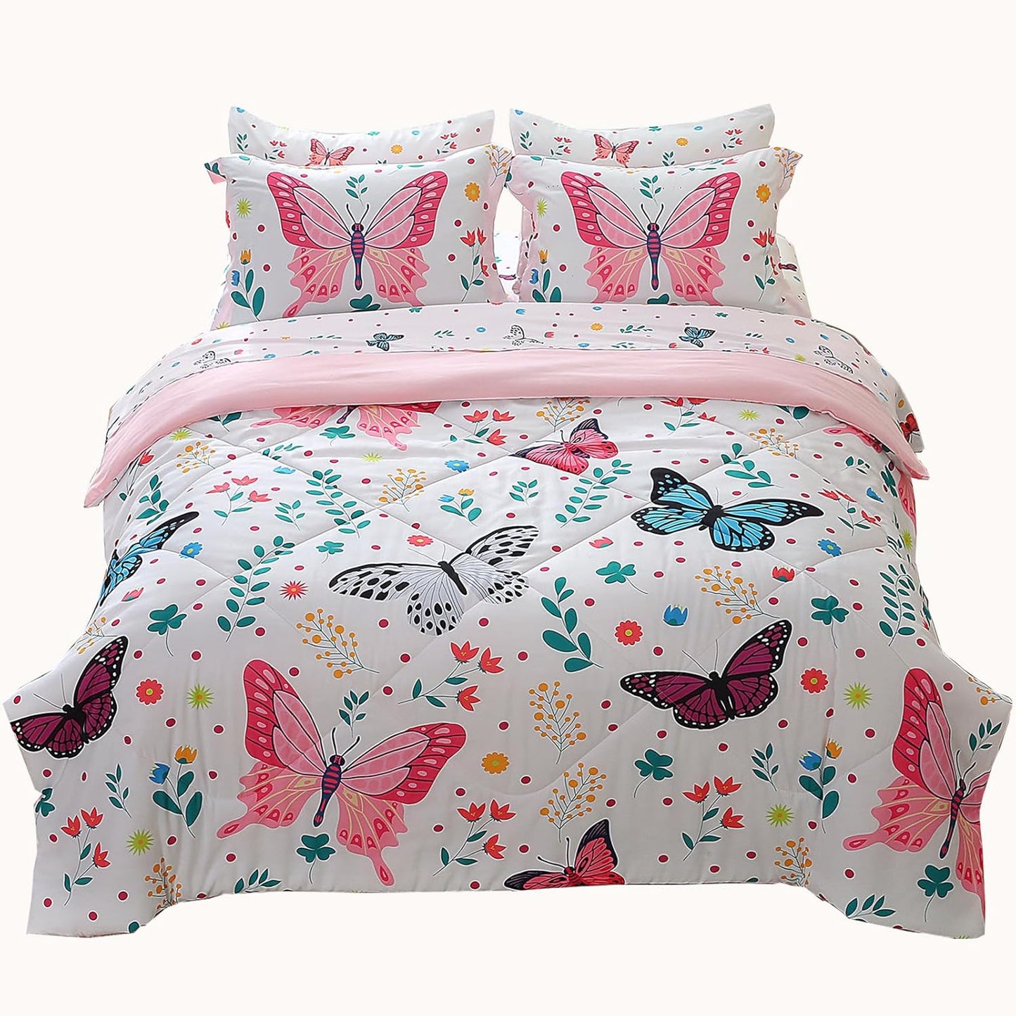Wajade Queen Size Butterfly Comforter Set for Girls Kids Bedding Sets for Girls 7 Pieces Bed in a Bag Colorful Butterflies Flower Leaves Bedding Set All Season Lightweight