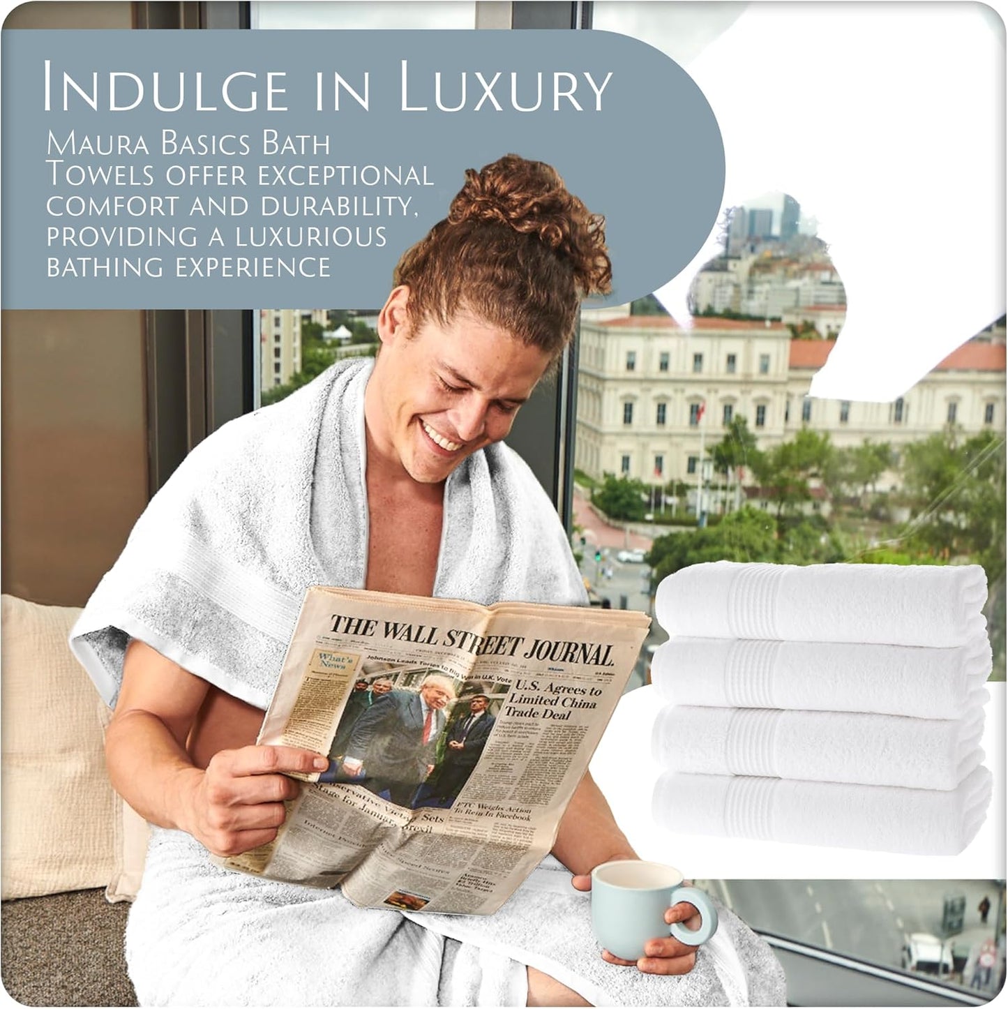 MAURA Basics Performance Bath Towels 100% Turkish Cotton with Hook Loops. Extra Large Luxury Absorbent Plush Towel Sets for Bathroom, Daily Use American Standard Size 27”x54”, White