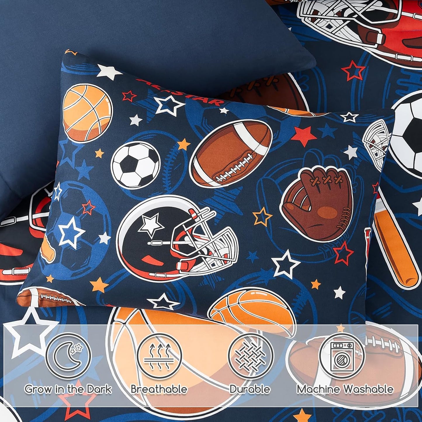 Full Size Comforter Set for Boys-7 Pieces Sports Ball Games Glow in The Dark Full Bedding Sets for Kids, Ultra Soft Bed in A Bag with Sheets