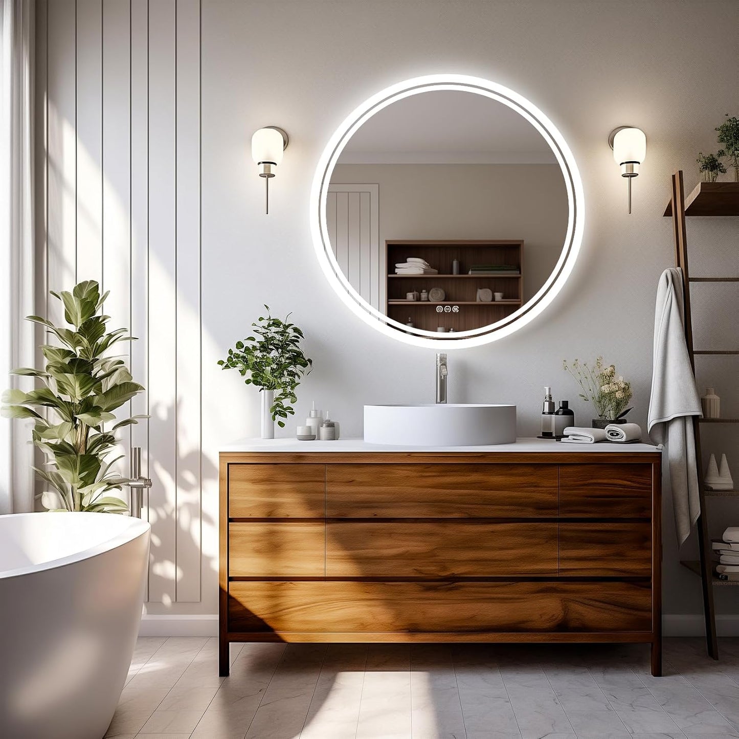 LUVODI Lighted LED Bathroom Mirror: 24”Round Wall Mounted Large Lighted Makeup Mirror with Bright Back Lit - Illuminated Dimmable 3 Colors Vanity Mirrors with Demister Pad Smart Touch Switch