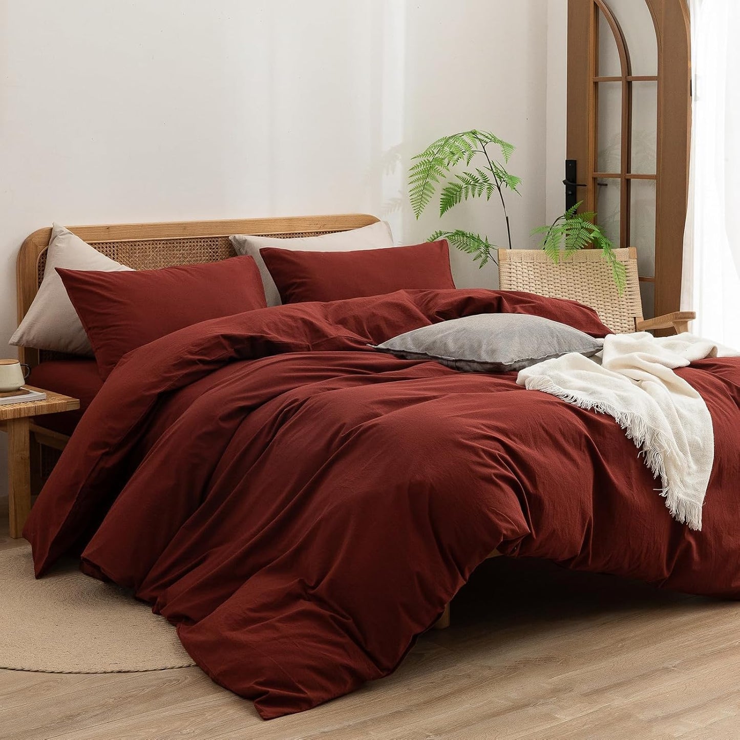 BESTOUCH Duvet Cover Set 100% Washed Cotton Linen Feel Super Soft Comfortable Chic Lightweight 3 PCs Home Bedding Set Solid Fired Brick Red Super King Plus