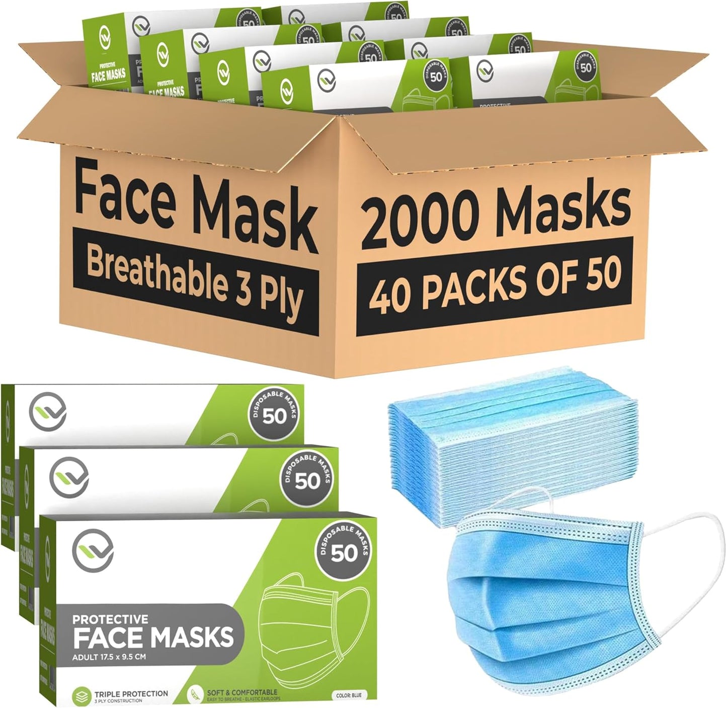 2000 Bulk Face Masks (40 Boxes, 50pcs/Box), Non Woven Thick 3-Layers Breathable Facial Masks with Adjustable Earloop, Mouth and Nose (Blue)