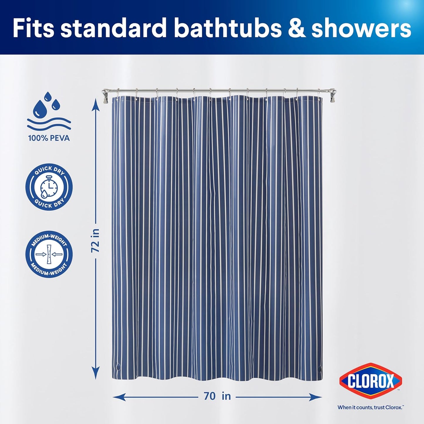 CLOROX Shower Curtain Liner, Premium Striped Medium-Weight Durable Waterproof 6g PEVA for Bathroom with Weighted Magnets, Printed Standard Size 72" x 72", Navy