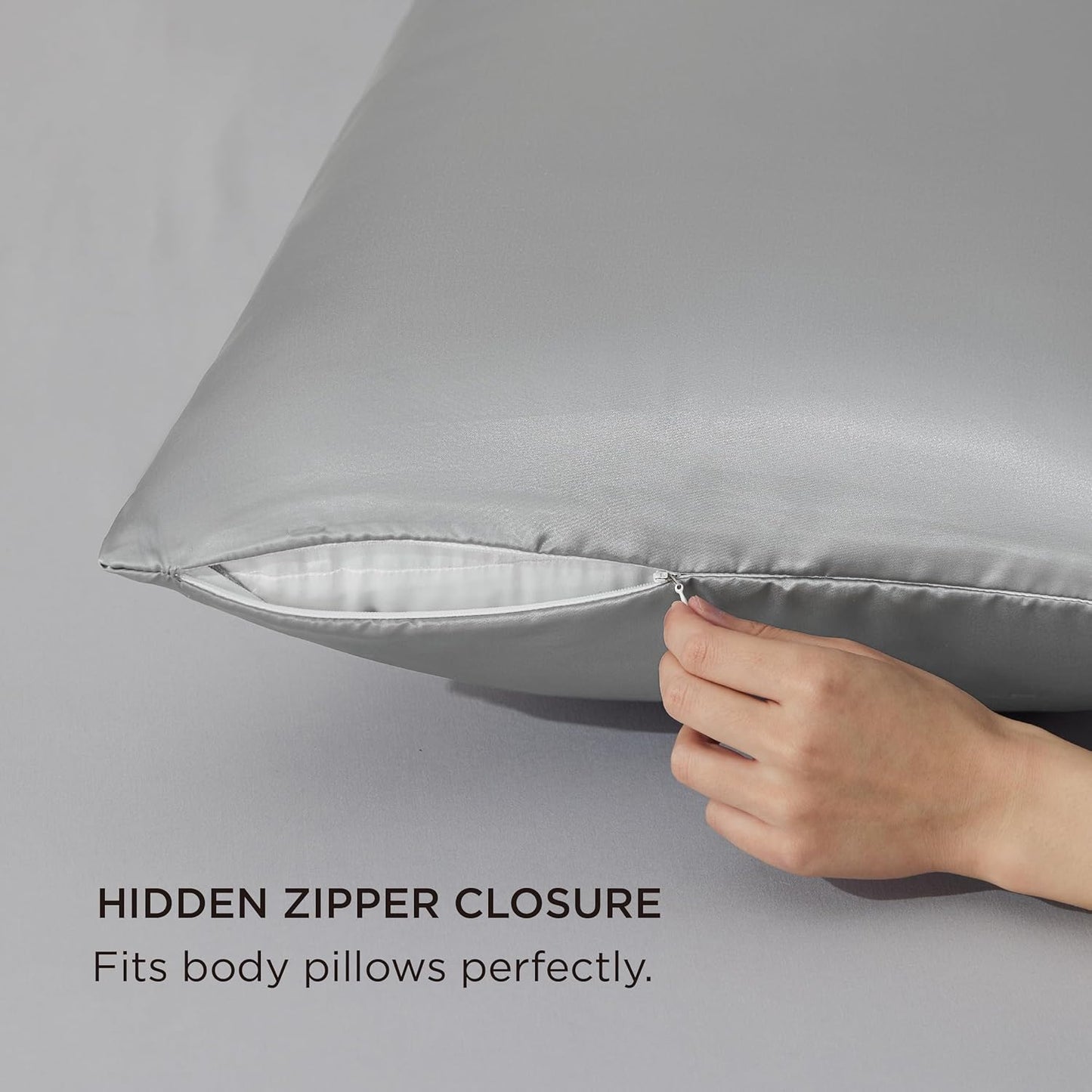 Bedsure Satin Body Pillow Cover with Zipper, Similar to Silk Body Pillow Pillowcase, Soft & Breathable Long Pillow Case, Cooling & Silky Long Pillowcase for Hair and Skin, Gifts, Grey, 20x54 Inches