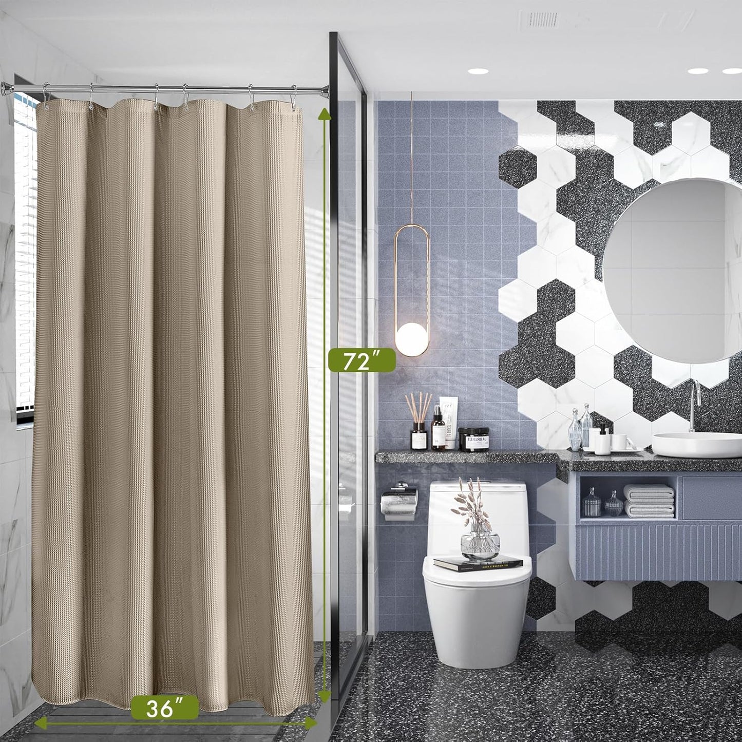 AmazerBath Waffle Shower Curtain Khaki, Stall Shower Curtain Tan, Hotel Quality Fabric Bathroom Shower Curtains, Heavy Duty 240GSM, 36 x 72 Inches