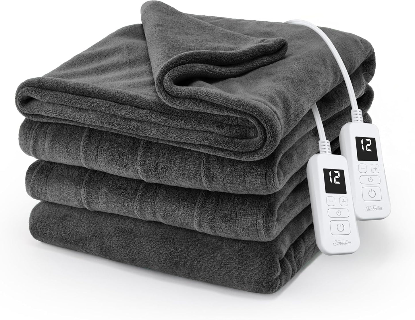 Sunbeam Electric Royal Luxe Microplush Heated Blanket, 12 Heat Settings, 12-Hour Auto Shut-Off, Fast Heating, Warm & Cozy, Machine Washable, Night Fog Color, Queen (90" x 84")