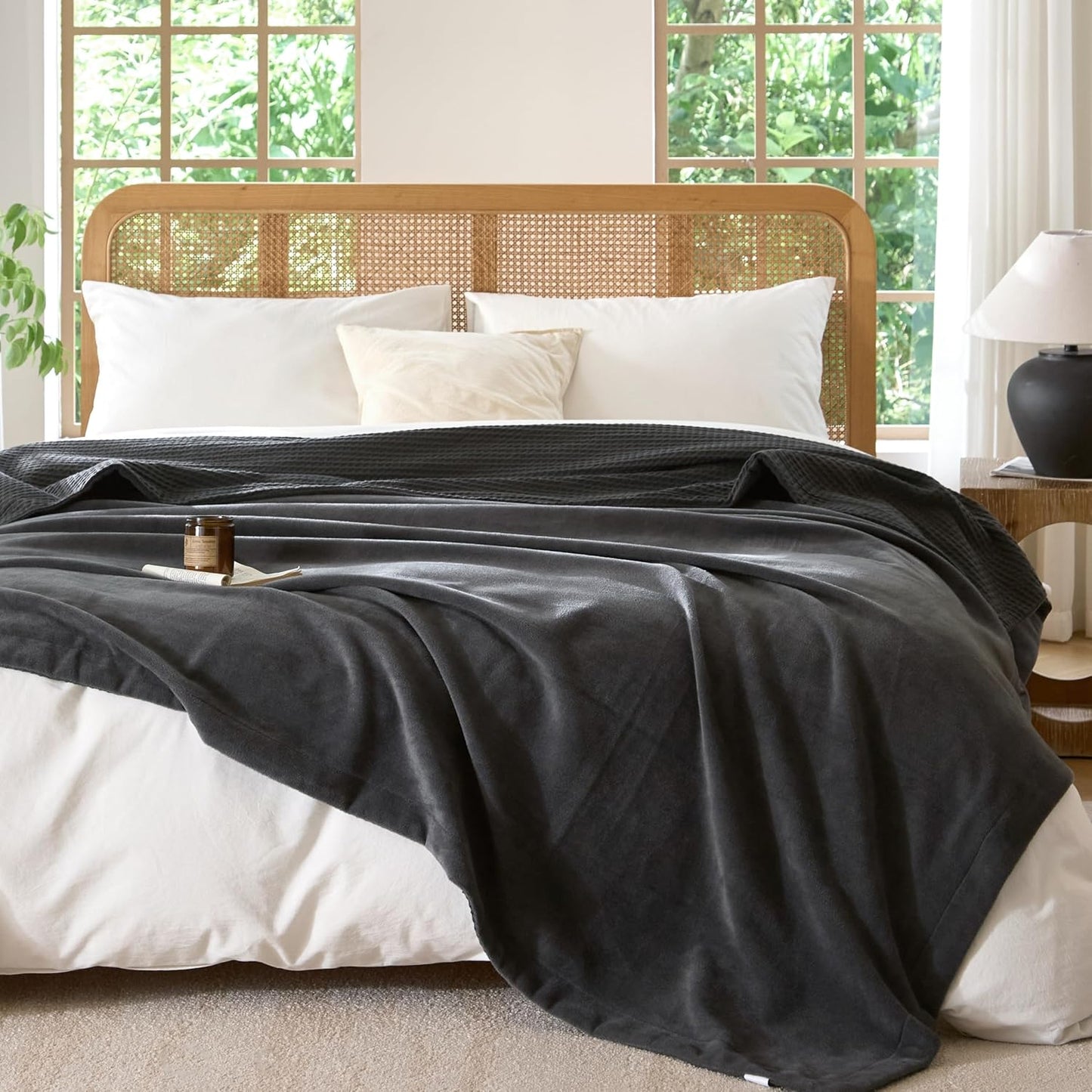 CHUFFED Cotton Waffle Blanket King Size - Plush Milk Velvet & Reversible Waffle Weave,Anti-Static 300Gsm Design，Thick Cozy Soft Winter Blanket for Bed, Couch, Sofa - Dark Grey, 104x90 Inches