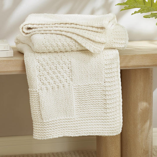 Amélie Home Checkered Chenille Knit Throw Blanket for Couch, Classic Texture Decorative Soft Blanket for Sofa, Chair & Bedroom, 50"x60", Ivory