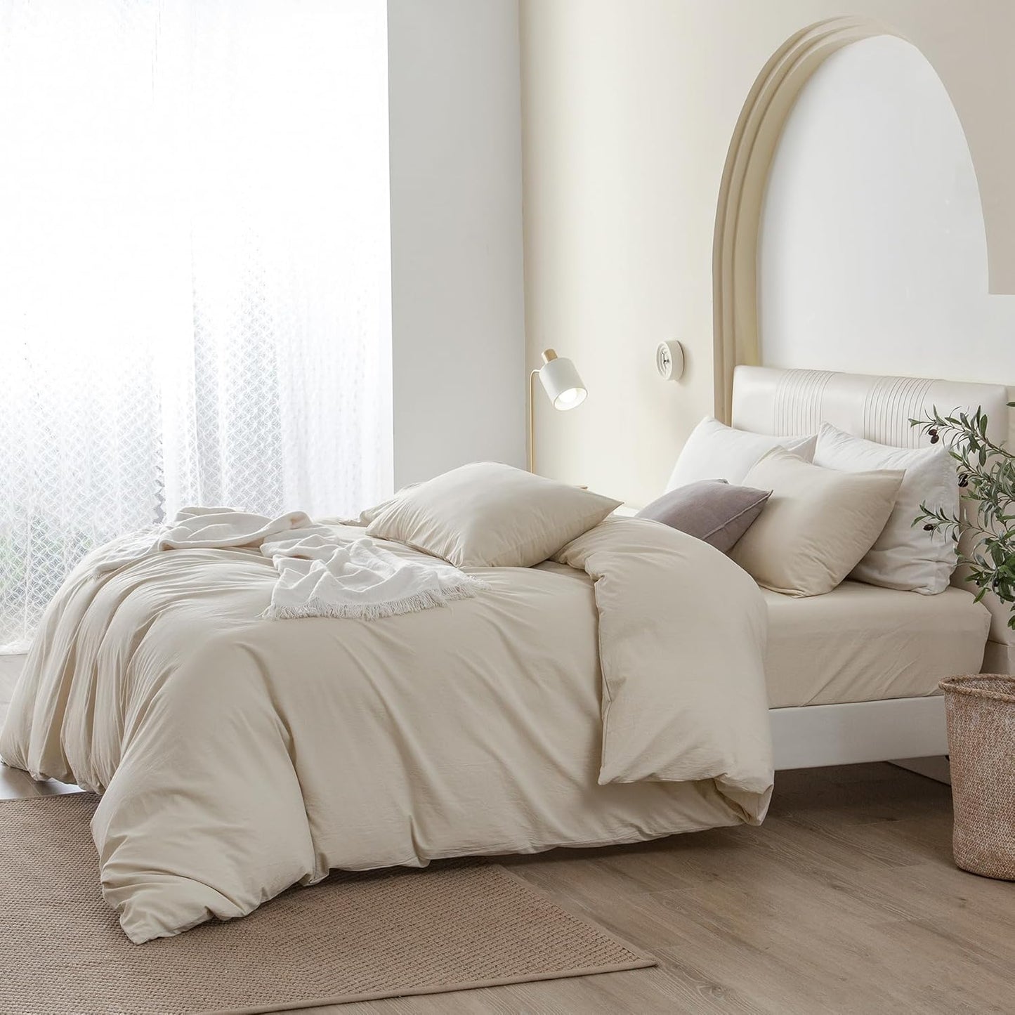 JIYUAN 100% Washed Cotton Duvet Cover Set 2 Pieces Twin, 1 Duvet Cover 68x90 Inches(Comforter Not Included) and 1 Pillowcases,Linen Feel Bedding Set Comfy and Breathable,Heathered Beige