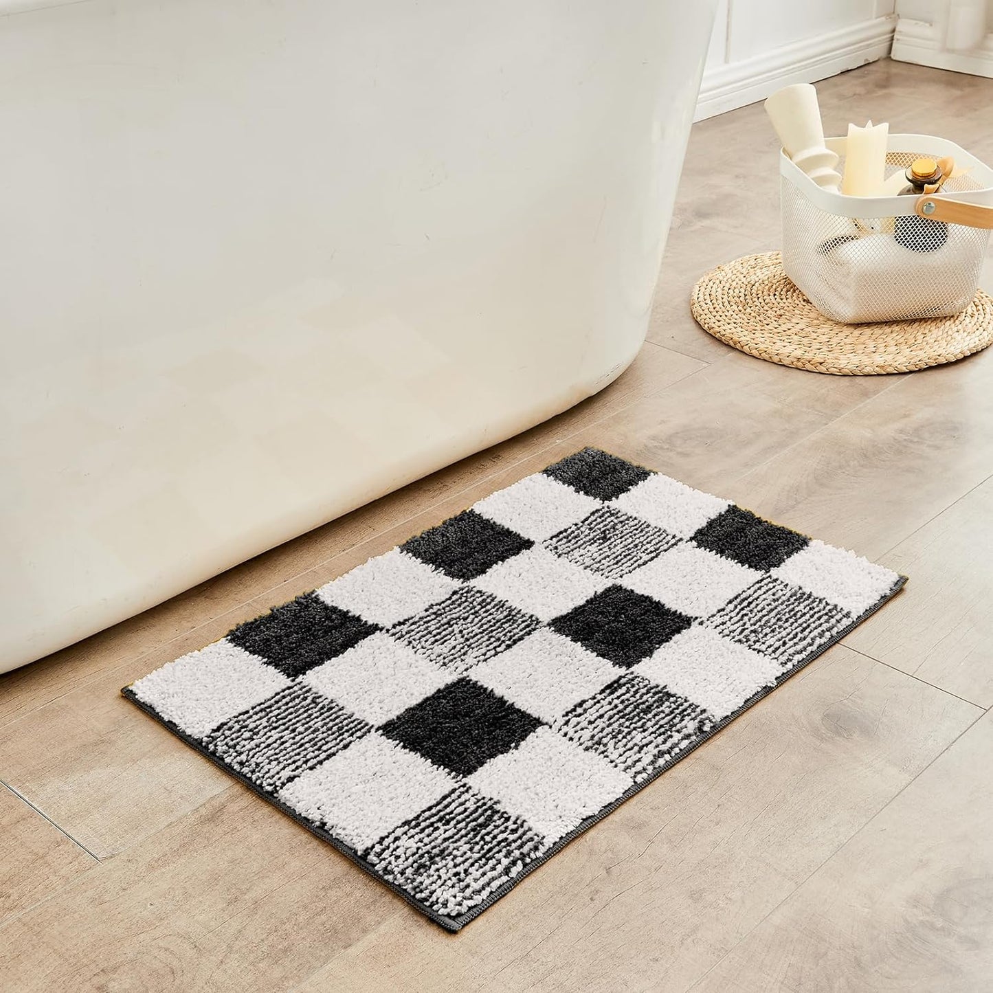CozeCube Bath mats for Bathroom Non Slip, Fluffy Absorbent Microfiber Bath mat Washable, Aesthetic Bathroom Rugs, Small Jet Black Checkered Bath mat, Jet Black, 24" x 16"