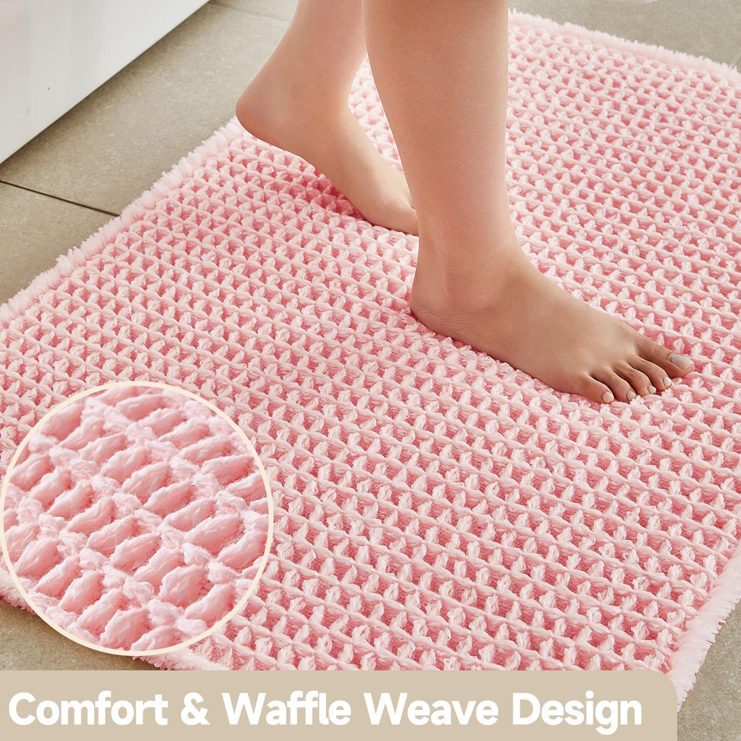 Light Peachy Pink Long Bathroom Rugs, Waffle Runner Rug Bathroom Non Slip Washable Quick Dry Cute Bath Mat Boho Farmhouse Bath Mat, 60"x24" Light Peachy Pink