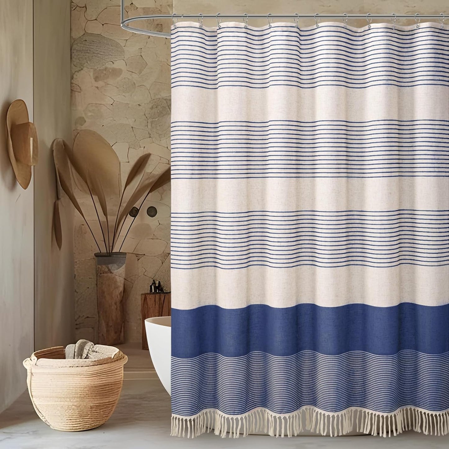 Awellife Blue Farmhouse Shower Curtains for Bathroom,Boho Flax Texture Striped Shower Curtain with Tassels Linen 72x72
