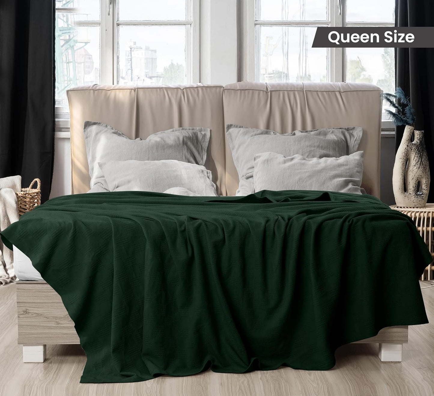 Utopia Bedding Forest Green 100% Cotton Blanket [Queen Size - 90x90 Inch] 350GSM Lightweight, Soft and Breathable Thermal Blanket for All Seasons