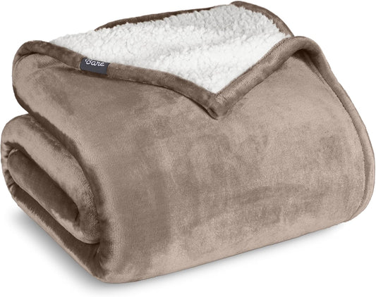 Bare Home Sherpa Fleece Blanket - Full/Queen Size - Blanket for Bed, Sofa, and Couch - Warm & Lightweight - Fluffy & Soft - Reversible (Full/Queen, Taupe)