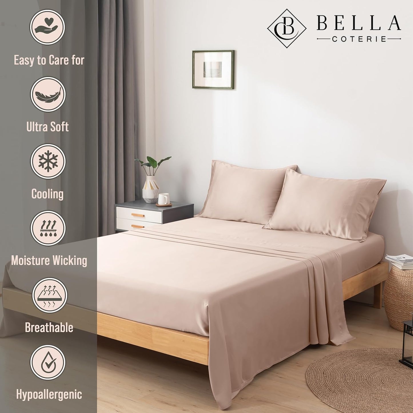 Bella Coterie Luxury Bamboo Viscose Full Size Sheet Set | 100% Organically Grown | Ultra Soft | Cooling for Hot Sleepers | 18" Deep Pocket [Dusty Rose]