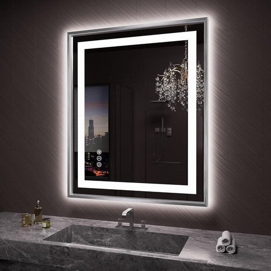 Amorho 36"x 30" LED Bathroom Mirror, Brushed Nickel Framed Mirror with Front Light and Backlit, Stepless Dimmable, Anti-Fog, Shatter-Proof, Memory, 3 Colors