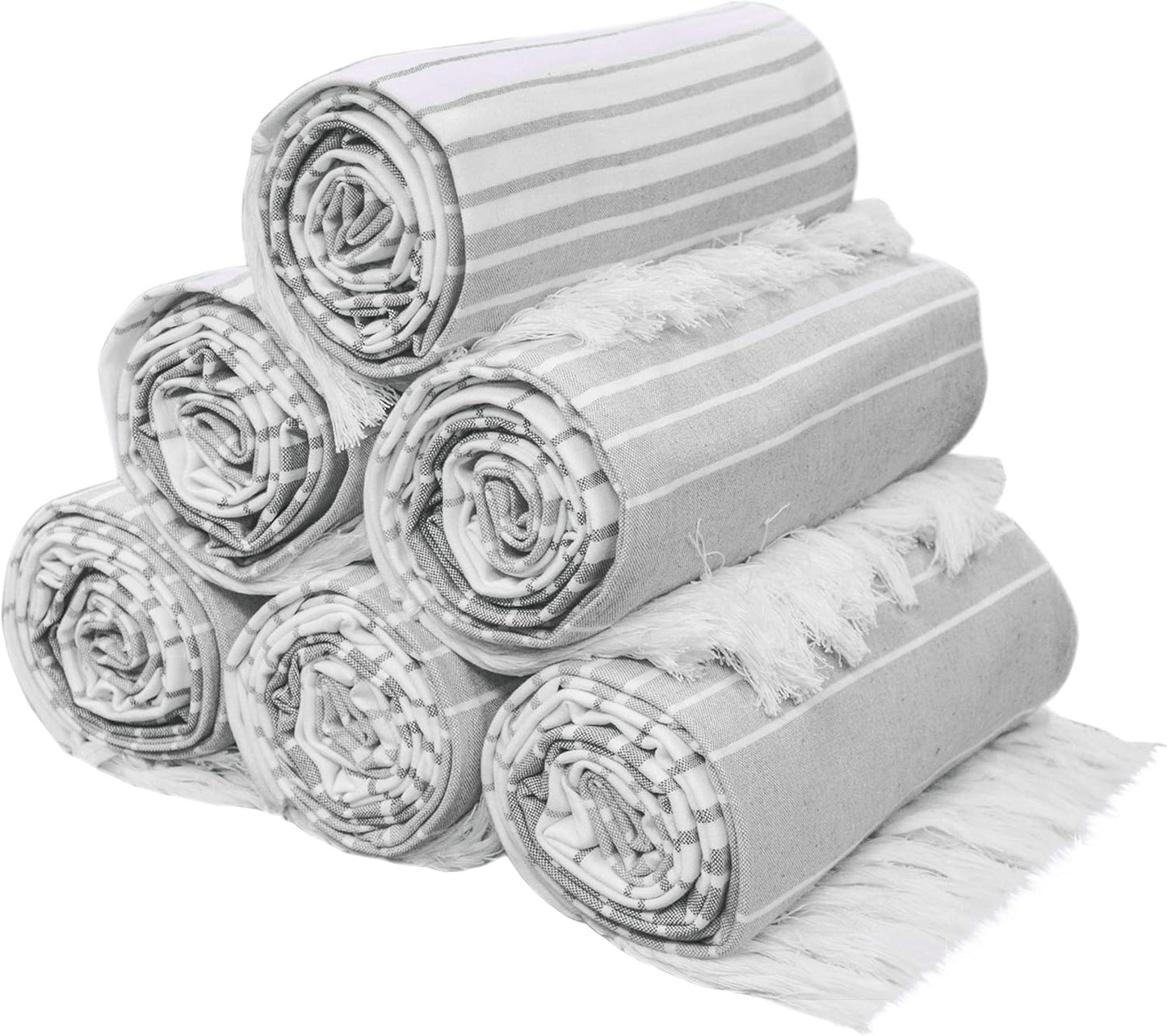 Native Fab Grey Stripe Beach Towels Set - 6 Pack - 40 x 71 Inches - 100% Cotton Quick Dry Lightweight - Extra Large Peshtemal Turkish Towel for Adults, Travel, Bath, Spa, Pool, Summer - Gray