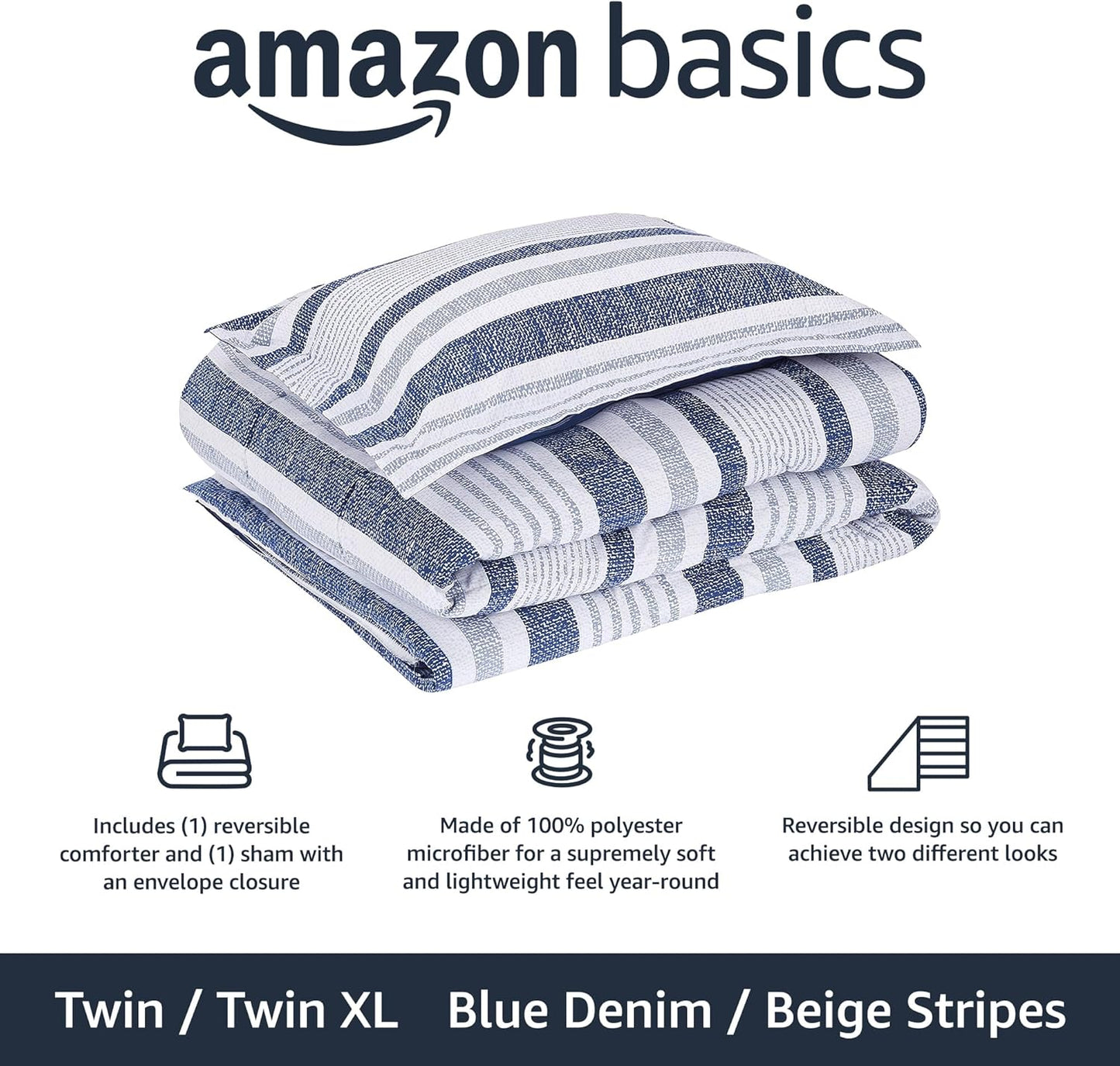 Amazon Basics Twin/Twin XL Size Comforter Sets, Ultra-Soft Lightweight Microfiber Reversible 2-Piece Bedding, Blue Denim/Beige Stripes, Striped