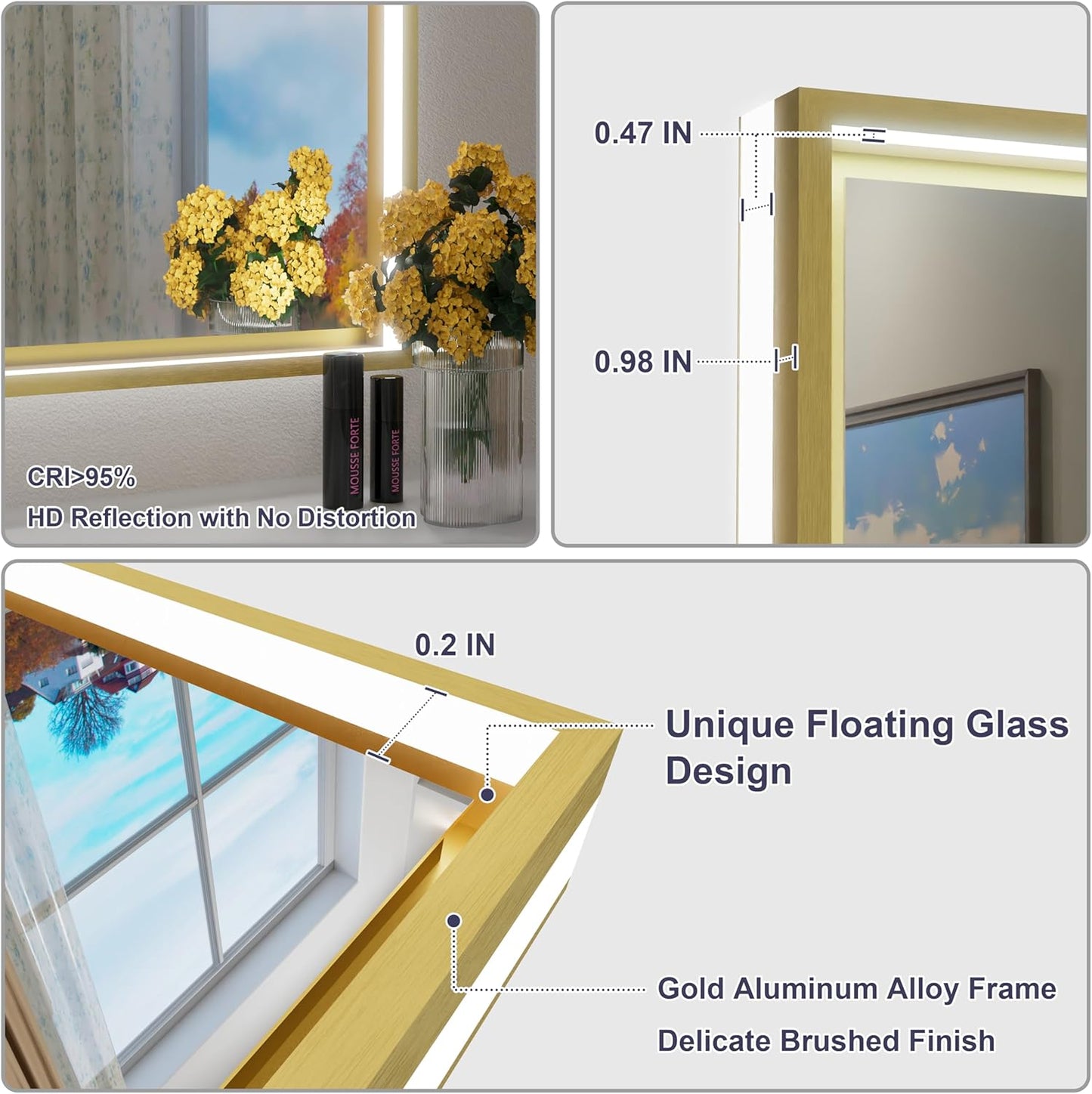 24x32 Inch Gold LED Bathroom Mirror with Front & Back Lights, Adjustable 3000K/4500K/6000K, Wall Mounted Framed Lighted Bathroom Vanity Mirror, Dimmable, Anti-Fog, Horizontal/Vertical
