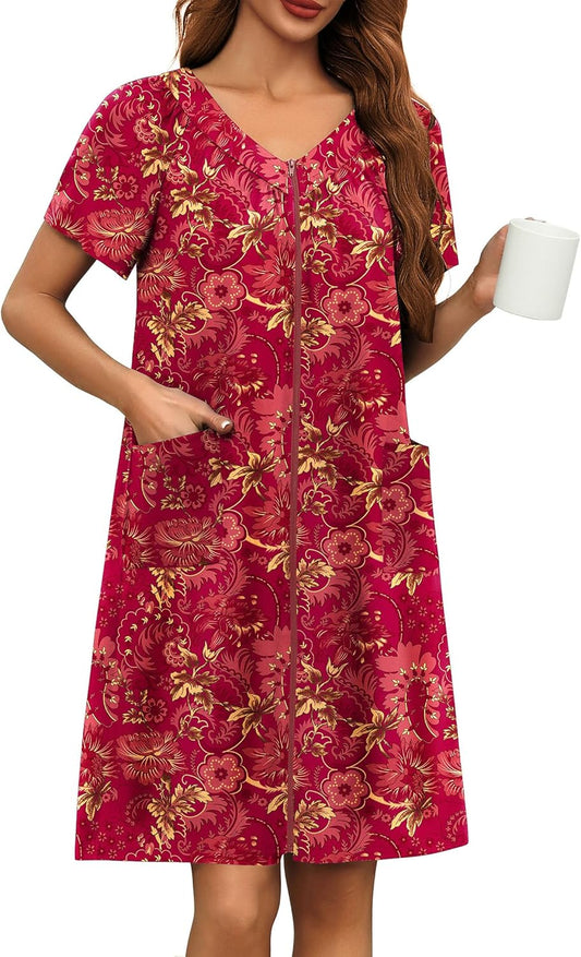Ekouaer Women Robe Zipper Front Mumu Duster Robes Zip Up Housecoat Soft Sleepwear with Pockets S-3XL