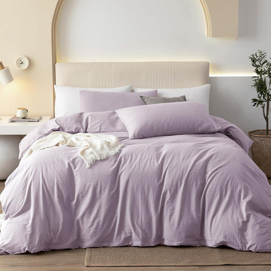 JIYUAN 100% Washed Cotton Duvet Cover Set 3 Pieces Queen, 1 Duvet Cover 90x90 Inches(Comforter Not Included) and 2 Pillowcases,Linen Like Comfy and Breathable,Heathered Light Purple