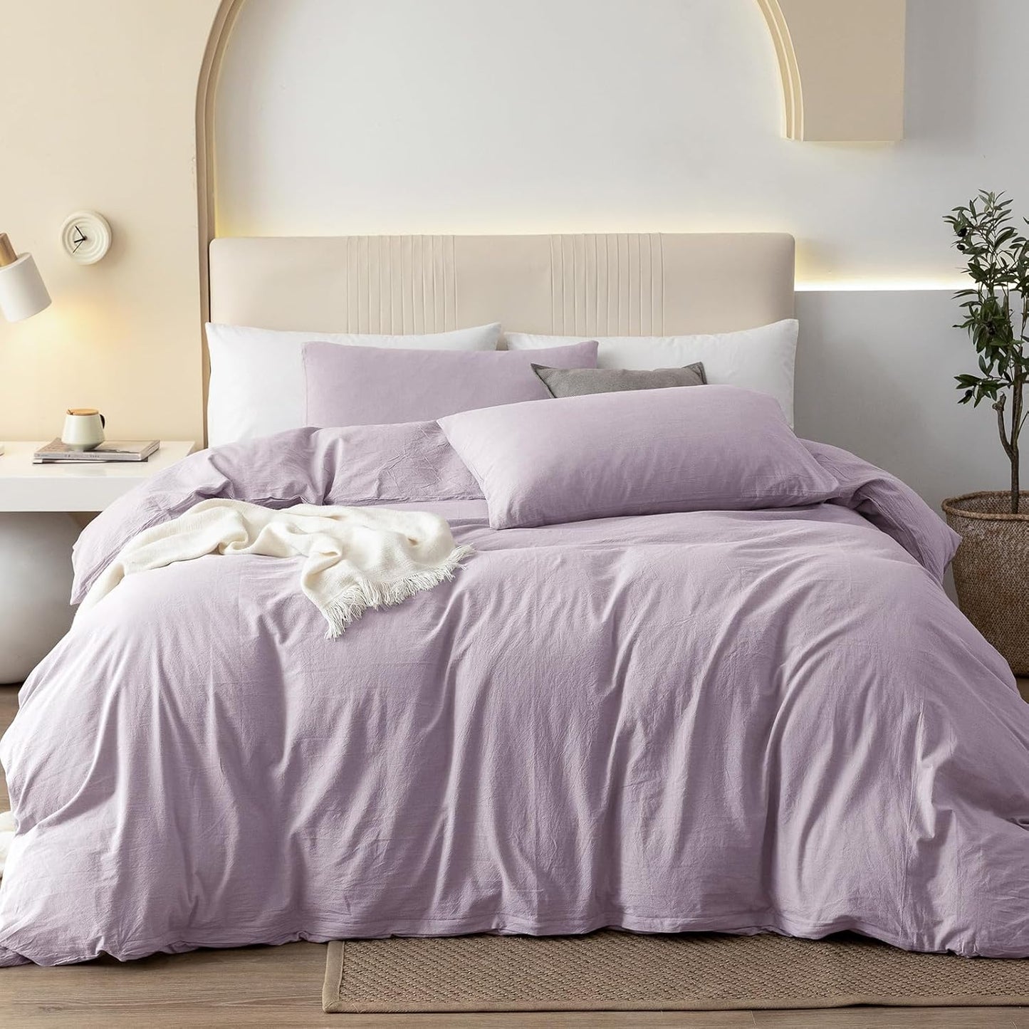 JIYUAN 100% Washed Cotton Duvet Cover Set 3 Pieces King, 1 Duvet Cover 104x90 Inches(Comforter Not Included) and 2 Pillowcases,Linen Like Comfy and Breathable,Heathered Light Purple