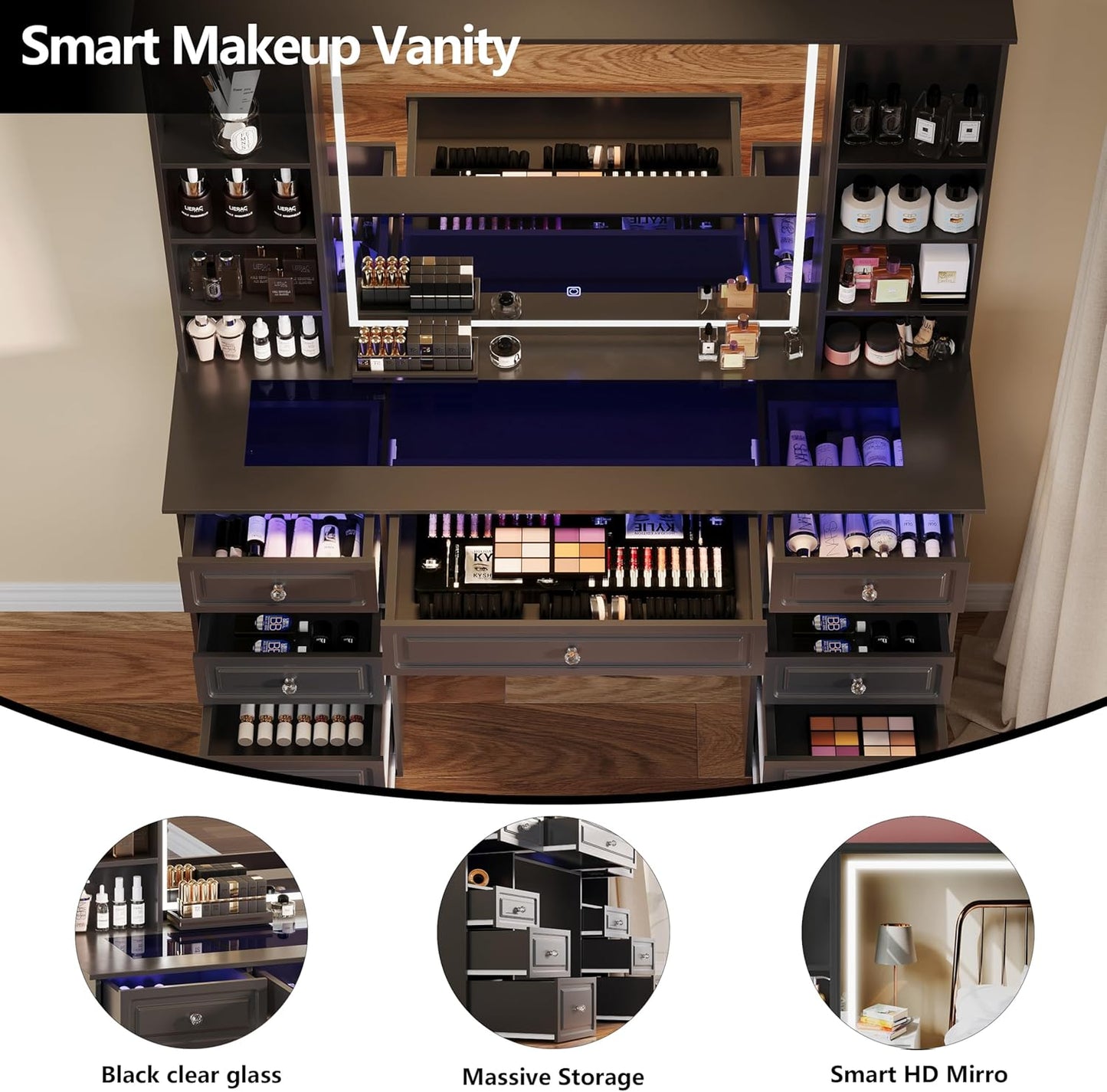 Vanity Desk with Mirror and Light, Glass Top Dresser with 9 Drawers, Vanity Table with Storage, Dressing Table, Bedroom Makeup Desk for Women (Black-Glass Top)