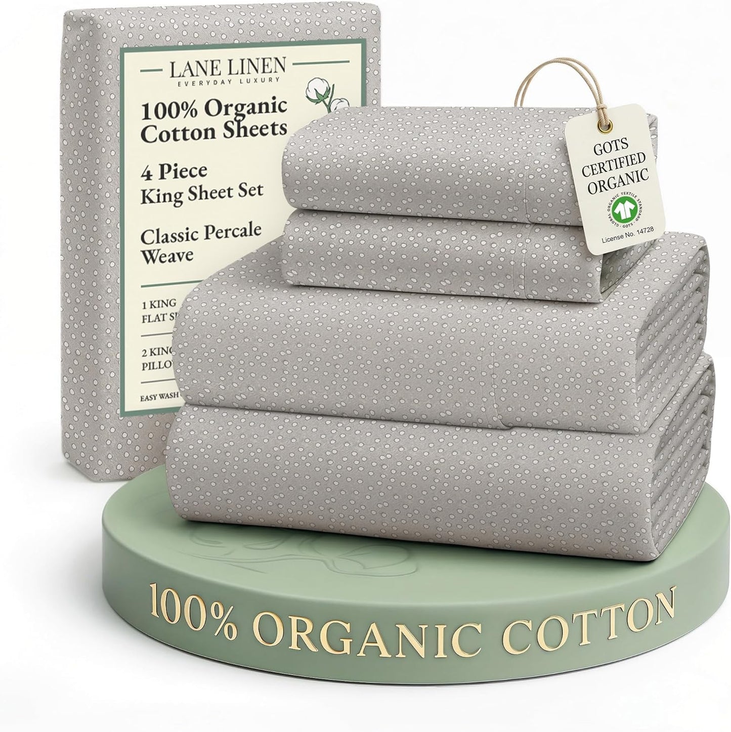 LANE LINEN 100% Organic Cotton Sheets King Size, Low Pilling Fade Resistant Machine Washable Naturally Cooling King Bedding Set, Soft & Comfy Sustainably Produced Cotton Sheets - Snowdrop