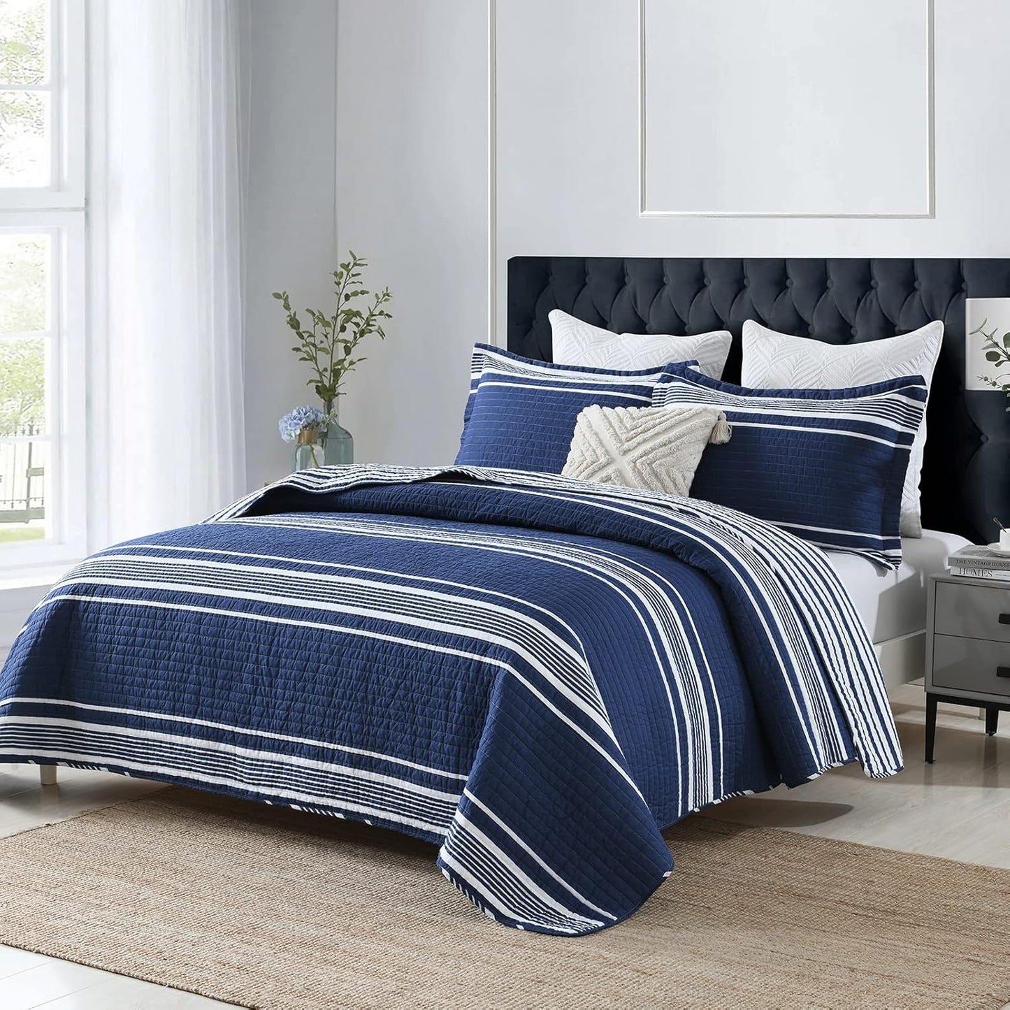 Y-PLWOMEN Queen Quilt Set - 100% Cotton Queen Quilt, Navy Blue Striped Quilt for Queen Bed, Lightweight Reversible Queen Size Bedspread for All Season, 3-Piece