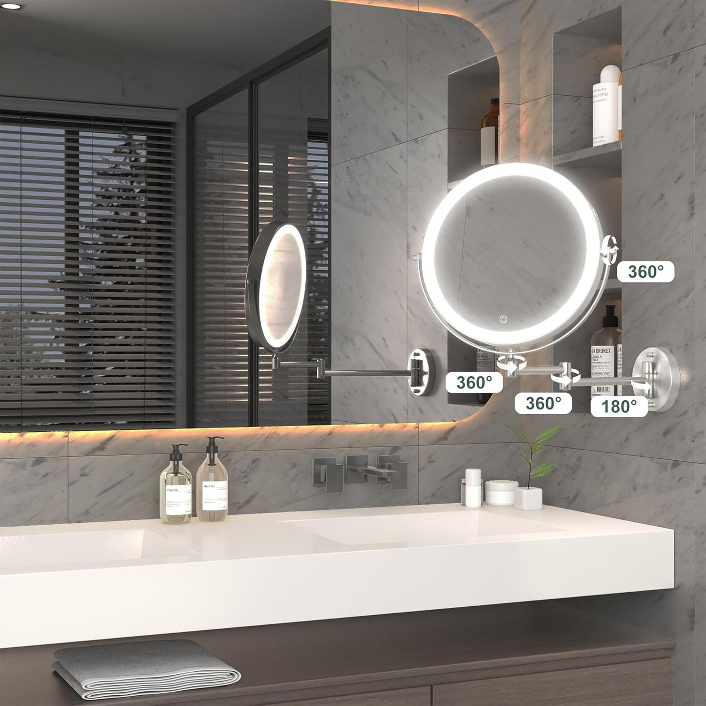 Hasipu 10-Inch Wall Mounted Makeup Mirror with Magnification, Rechargeable 3000 mAh Vanity Mirror with Lights, Bathroom Mirror with Dimmable Brightness, 3 Lighting Modes, Extendable Arm, Nickel