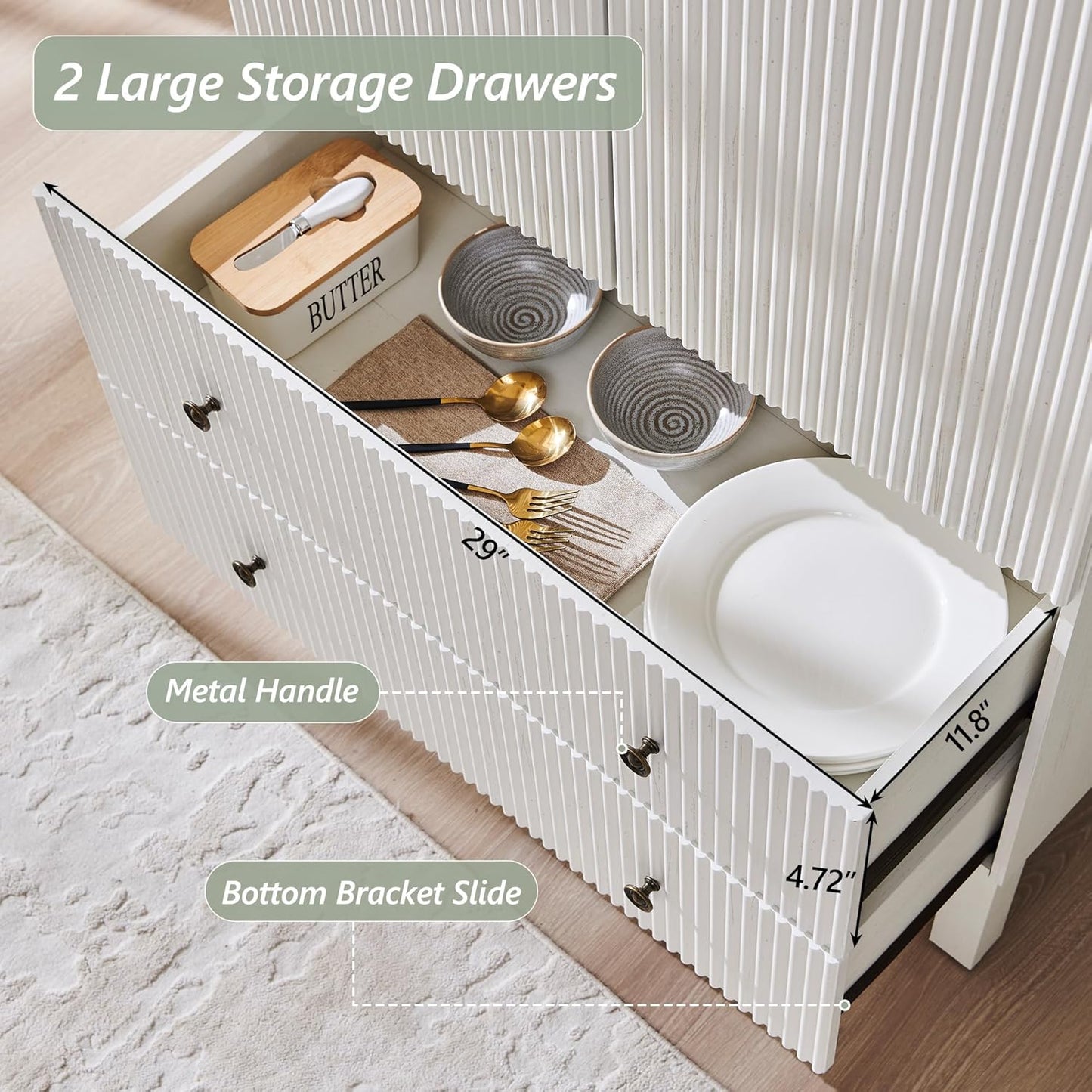 71" Tall Arched Bathroom Storage Cabinet, Modern Fluted Cabinet Storage with 4 Shlves and 2 Drawers, Floor Cabinet for Bathroom, Living Room, Kitchen, White