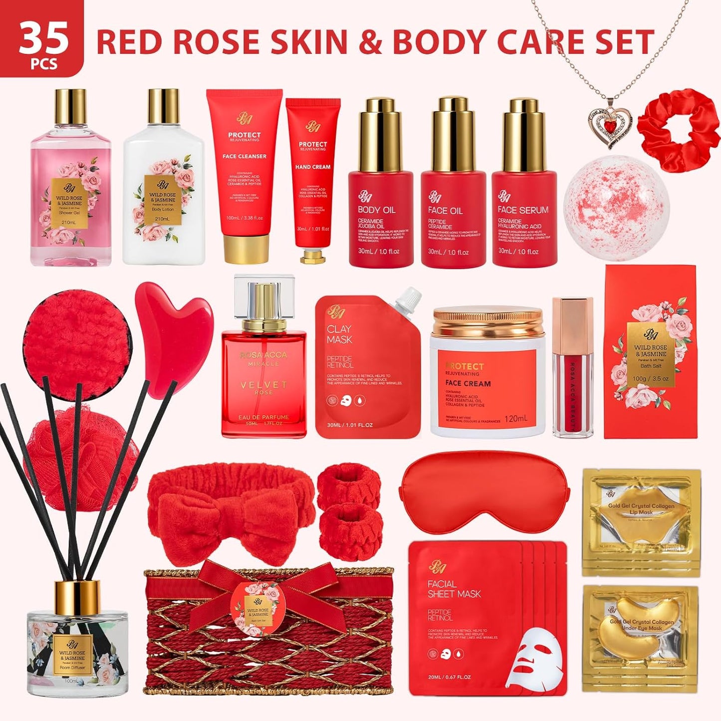 35 Pcs Christmas Gift for Women, Red Rose Bath and Body Basket Gift, Face Skin Care Kit, Home Spa Self Care, Lip Gloss, Diffuser, Necklace, Birthday, Valentines, Mother Day, Bridal Shower, Anniversary